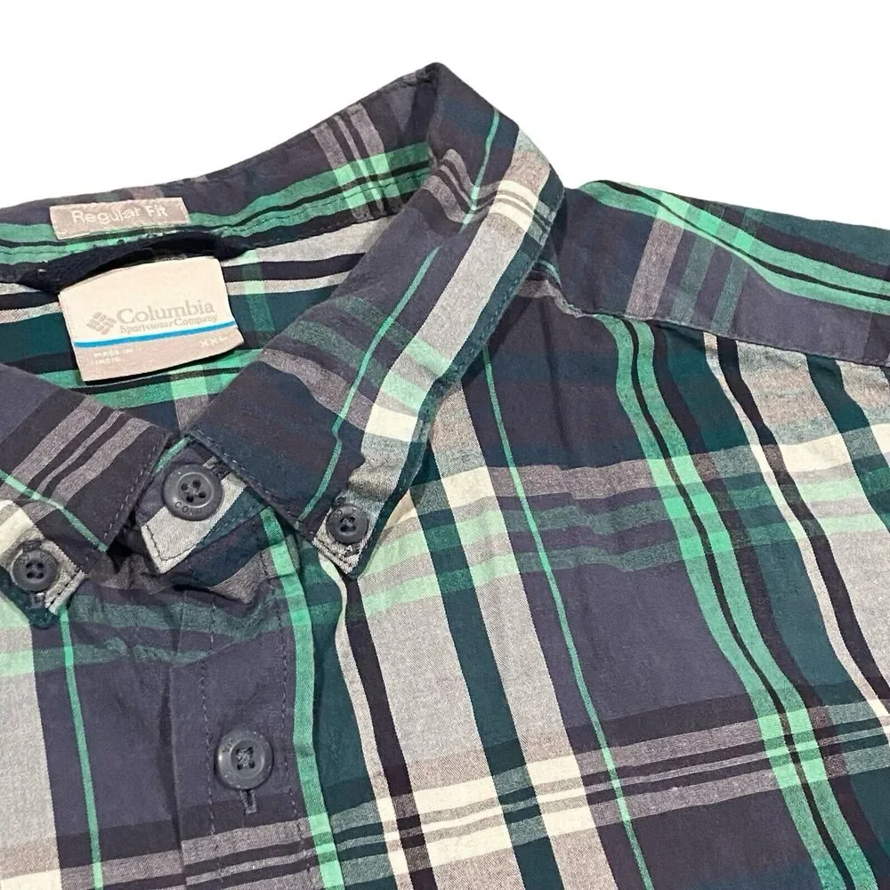 Columbia Mens 2XL Blue Green Plaid Regular Fit Short Sleeve Button Front Shirt‎